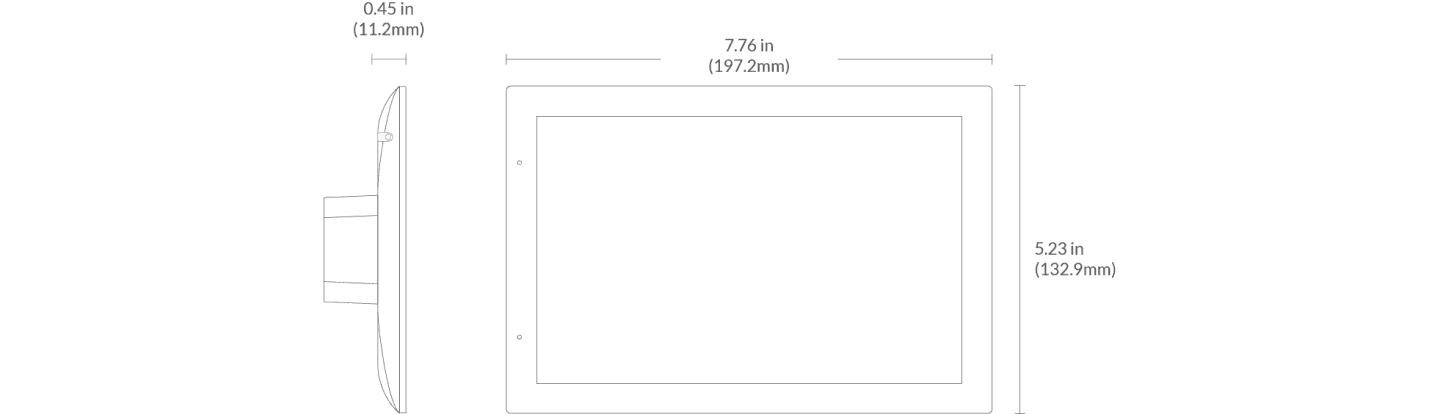 The Josh Touchscreen is 7.76 inches (197.2 millimeters) wide, 5.23 inches (132.9 millimeters) tall, and 0.45 inches (11.2 millimeters) thick.